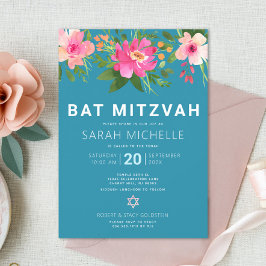 Bat mitzvah Blommigt med blå vattenfärg Modern enk Inbjudningar