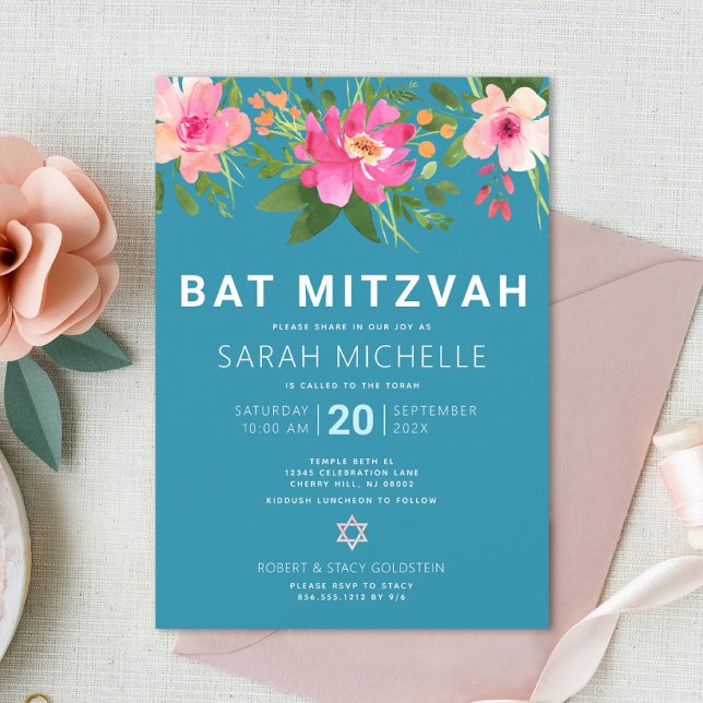 Bat mitzvah Blommigt med blå vattenfärg Modern enk Inbjudningar (Skapare uppladdad)