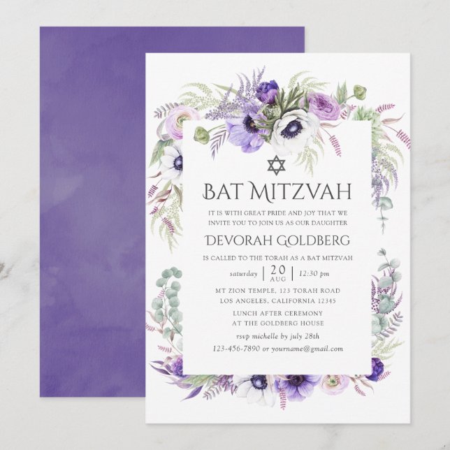 Bat mitzvah Blommigt med ultraviolett vattenfärg Inbjudningar (Fram/baksida)