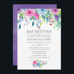 Bat mitzvah Blommigt med ultraviolett vattenfärg Inbjudningar<br><div class="desc">Hand målade vattenfärgen ro bat mitzvah inbjudan med ultraviolett färg år 2018 med blå och rosa med sage grönt blomning.</div>