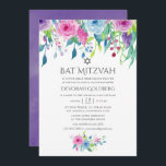 Bat mitzvah Blommigt med ultraviolett vattenfärg Inbjudningar<br><div class="desc">Hand målade vattenfärgen ro bat mitzvah inbjudan med ultraviolett färg år 2018 med blå och rosa med sage grönt blomning.</div>