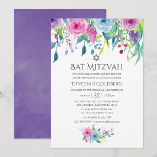 Bat mitzvah Blommigt med ultraviolett vattenfärg Inbjudningar