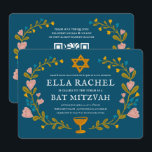 Bat mitzvah blommigt QRcode för  andningsutdragen  Inbjudningar<br><div class="desc">Perfekt-kort för att tillkännage en pub mitzvah, bat mitzvah eller annan judisk firande! Hand skapade konst åt dig! FULLT ANPASSADE! Klicka på "Anpassa" ovan om du vill redigera texten och lägga till länkarna till QR-koden på baksidan. Klicka på "Redigera med verktyg" för att justera typsnitt, färg och placeringar. Du kan...</div>