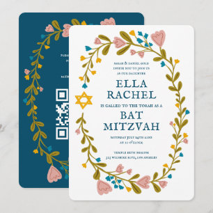 Bat mitzvah blommigt QRcode för  andningsutdragen  Inbjudningar