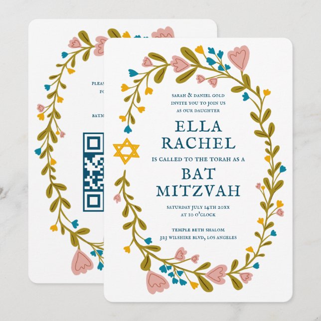 Bat mitzvah blommigt QRcode för  andningsutdragen  Inbjudningar (Fram/baksida)