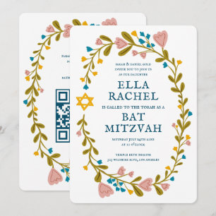 Bat mitzvah blommigt QRcode för  andningsutdragen  Inbjudningar