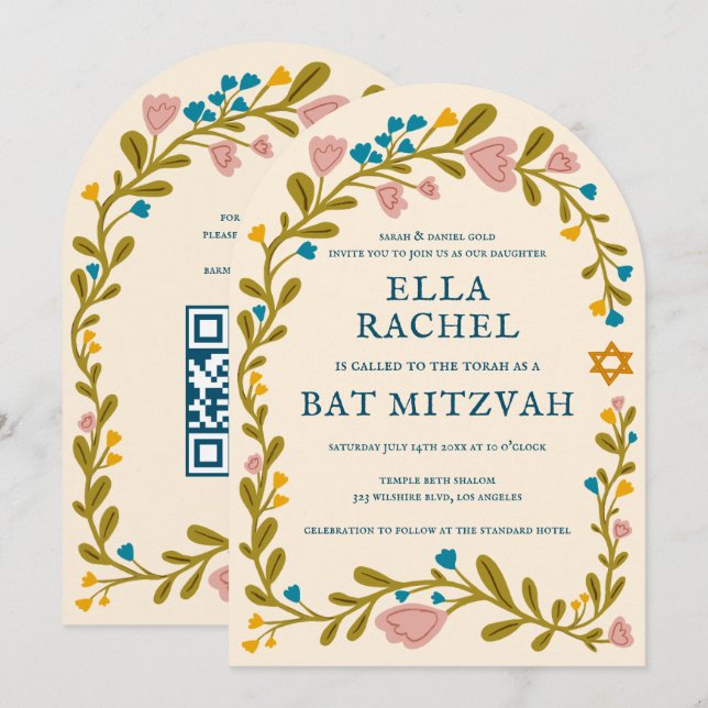 Bat mitzvah blommigt QRcode för  andningsutdragen  Inbjudningar (Fram/baksida)