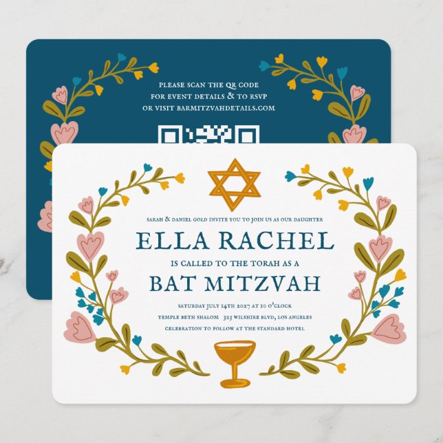 Bat mitzvah blommigt QRcode för  andningsutdragen  Inbjudningar (Fram/baksida)