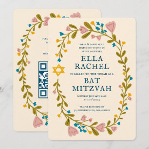 Bat mitzvah blommigt QRcode för andningsutdragen Inbjudningar