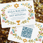 Bat mitzvah blommigt QRcode för  andningsutdragen  Inbjudningar<br><div class="desc">Perfekt-kort för att tillkännage en pub mitzvah, bat mitzvah eller annan judisk firande! Hand skapade konst åt dig! FULLT ANPASSADE! Klicka på "Anpassa" ovan om du vill redigera texten och lägga till länkarna till QR-koden på baksidan. Klicka på "Redigera med verktyg" för att justera typsnitt, färg och placeringar. Du kan...</div>