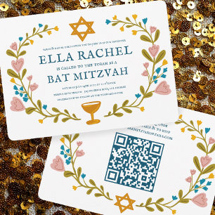 Bat mitzvah blommigt QRcode för andningsutdragen Inbjudningar