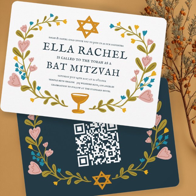 Bat mitzvah blommigt QRcode för  andningsutdragen  Inbjudningar (Floral Wreath Bat Mitzvah Hand-drawn Custom QR code Invitation
)