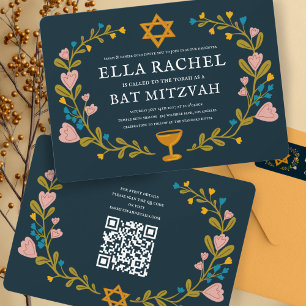 Bat mitzvah blommigt QRcode för andningsutdragen Inbjudningar