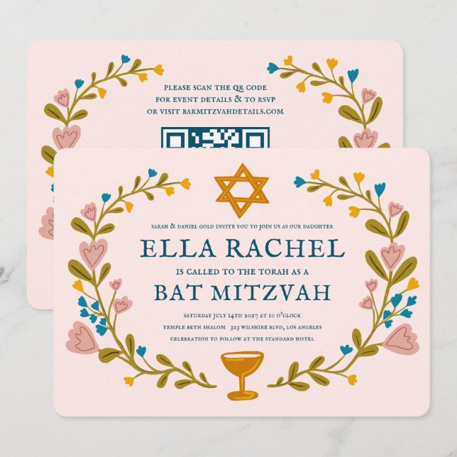 Bat mitzvah blommigt QRcode för  andningsutdragen  Inbjudningar (Fram/baksida)