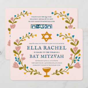 Bat mitzvah blommigt QRcode för  andningsutdragen  Inbjudningar