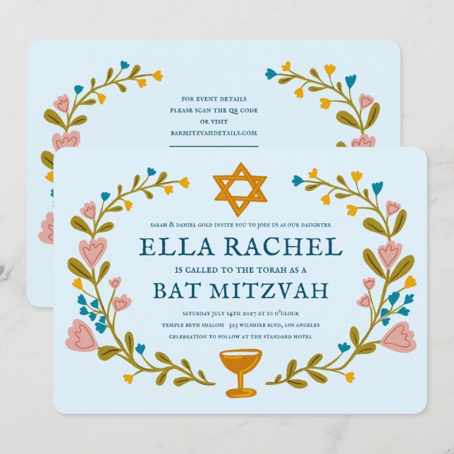 Bat mitzvah blommigt QRcode för  andningsutdragen  Inbjudningar (Fram/baksida)