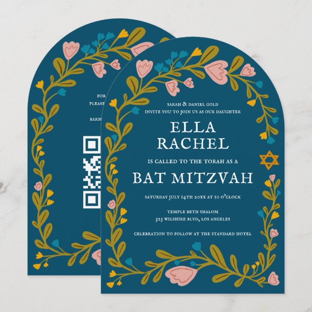 Bat mitzvah blommigt QRcode för  andningsutdragen  Inbjudningar (Fram/baksida)