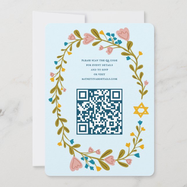 Bat mitzvah blommigt QRcode för  andningsutdragen  Inbjudningar (Baksida)