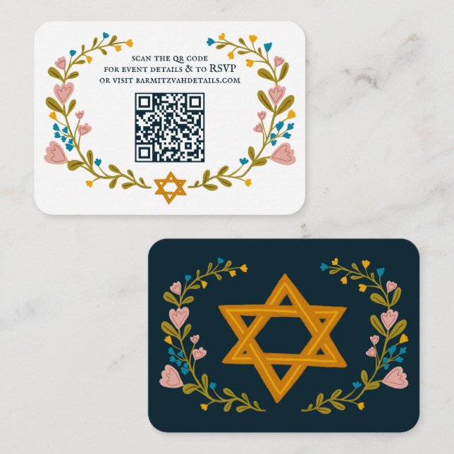 Bat mitzvah blommigt QRcode för  andningsutdragen  Tilläggskort (Fram/baksida)