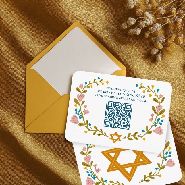 Bat mitzvah blommigt QRcode för  andningsutdragen  Tilläggskort (Floral Wreath Bat Mitzvah Hand-drawn Custom QR code Enclosure Card
)