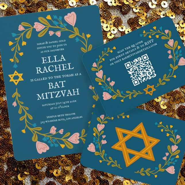 Bat mitzvah blommigt QRcode för  andningsutdragen  Tilläggskort (Floral Wreath Bat Mitzvah Hand-drawn Custom QR code Enclosure Card
)