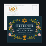 Bat mitzvah blommigt QRcode för  andningsutdragen  Vykort<br><div class="desc">Perfekt-vykort för att tillkännage ett pub mitzvah, bat mitzvah eller annat judiskt firande! Hand skapade konst åt dig! FULLT ANPASSADE! Klicka på "Anpassa" ovan om du vill redigera texten och lägga till länken till QR-koden på baksidan. Klicka på "Redigera med verktyg" för att justera typsnitt, färg och placeringar. OCKSÅ TILLGÄNGLIGA...</div>