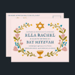 Bat mitzvah blommigt QRcode för  andningsutdragen  Vykort<br><div class="desc">Perfekt-vykort för att tillkännage ett pub mitzvah, bat mitzvah eller annat judiskt firande! Hand skapade konst åt dig! FULLT ANPASSADE! Klicka på "Anpassa" ovan om du vill redigera texten och lägga till länken till QR-koden på baksidan. Klicka på "Redigera med verktyg" för att justera typsnitt, färg och placeringar. OCKSÅ TILLGÄNGLIGA...</div>