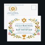 Bat mitzvah blommigt QRcode för  andningsutdragen  Vykort<br><div class="desc">Perfekt-vykort för att tillkännage ett pub mitzvah, bat mitzvah eller annat judiskt firande! Hand skapade konst åt dig! FULLT ANPASSADE! Klicka på "Anpassa" ovan om du vill redigera texten och lägga till länken till QR-koden på baksidan. Klicka på "Redigera med verktyg" för att justera typsnitt, färg och placeringar. OCKSÅ TILLGÄNGLIGA...</div>