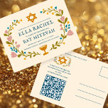 Bat mitzvah blommigt QRcode för  andningsutdragen  Vykort<br><div class="desc">Perfekt-vykort för att tillkännage ett pub mitzvah, bat mitzvah eller annat judiskt firande! Hand skapade konst åt dig! FULLT ANPASSADE! Klicka på "Anpassa" ovan om du vill redigera texten och lägga till länken till QR-koden på baksidan. Klicka på "Redigera med verktyg" för att justera typsnitt, färg och placeringar. OCKSÅ TILLGÄNGLIGA...</div>
