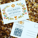 Bat mitzvah blommigt QRcode för  andningsutdragen  Vykort<br><div class="desc">Perfekt-vykort för att tillkännage ett pub mitzvah, bat mitzvah eller annat judiskt firande! Hand skapade konst åt dig! FULLT ANPASSADE! Klicka på "Anpassa" ovan om du vill redigera texten och lägga till länken till QR-koden på baksidan. Klicka på "Redigera med verktyg" för att justera typsnitt, färg och placeringar. OCKSÅ TILLGÄNGLIGA...</div>