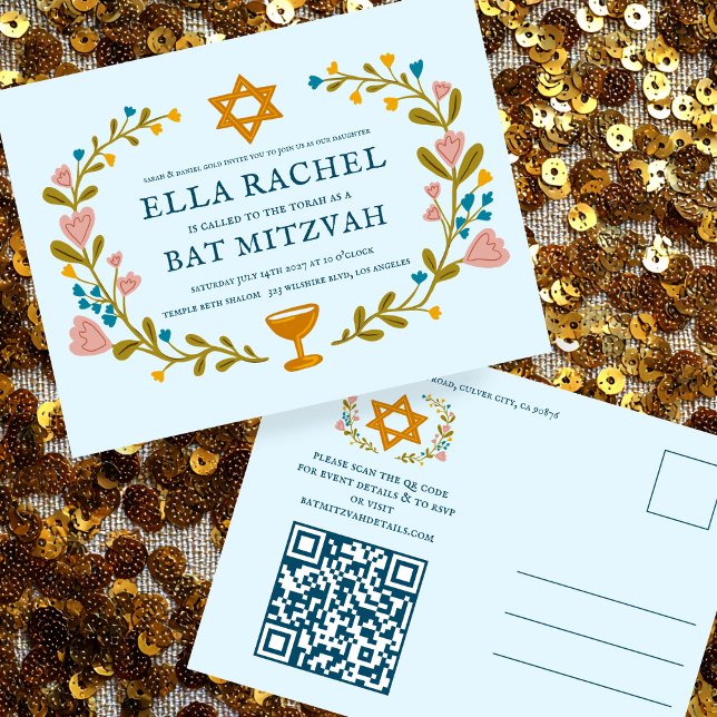 Bat mitzvah blommigt QRcode för  andningsutdragen  Vykort (Floral Wreath Bat Mitzvah Hand-drawn Invitation Custom QR code Postcard
)