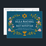 Bat mitzvah blommigt QRcode för  andningsutdragen  Vykort<br><div class="desc">Perfekt-vykort för att tillkännage ett pub mitzvah, bat mitzvah eller annat judiskt firande! Hand skapade konst åt dig! FULLT ANPASSADE! Klicka på "Anpassa" ovan om du vill redigera texten och lägga till länken till QR-koden på baksidan. Klicka på "Redigera med verktyg" för att justera typsnitt, färg och placeringar. OCKSÅ TILLGÄNGLIGA...</div>