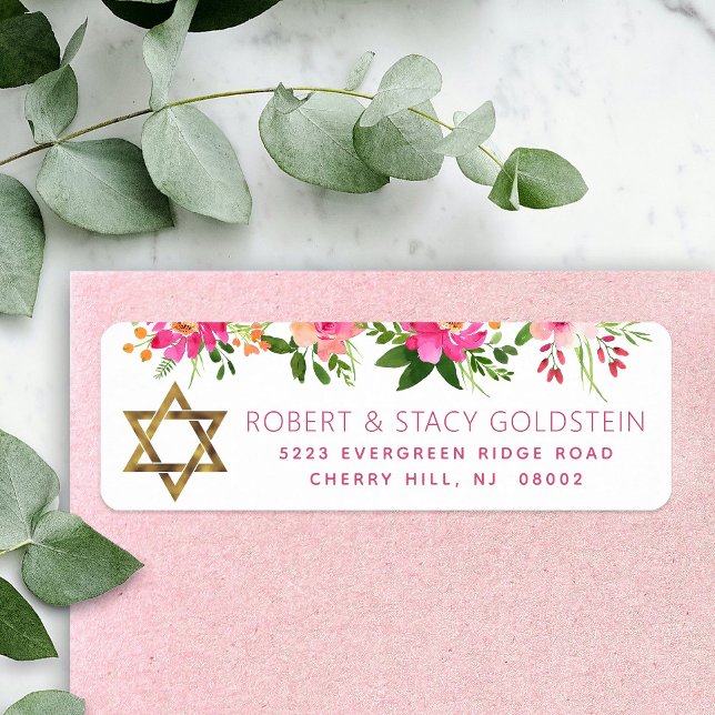 Bat mitzvah Blommigt Rosa Guld Girly Returadress Etikett (Skapare uppladdad)