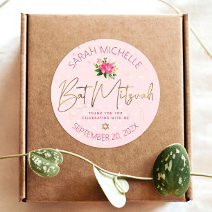 Bat mitzvah Blommigt Rosa  Guld  Runt Klistermärke