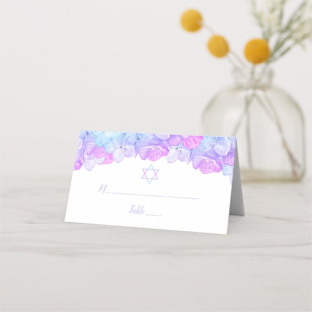 Bat mitzvah Blommigt Vattenfärgsblå Rosa Blue Hydr Placeringskort (Framsida)
