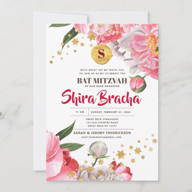 Bat mitzvah Blommigt Vattenfärgsstjärnor Glitter S Inbjudningar (Framsida)