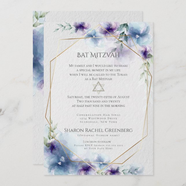 BAT MITZVAH | Blommigten Blå och violett vattenfär Inbjudningar (Fram/baksida)