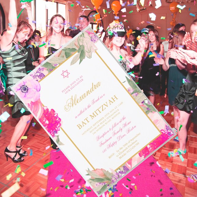 Bat mitzvah Blommigten Vita Guld-Färg judar Inbjudningar (Skapare uppladdad)