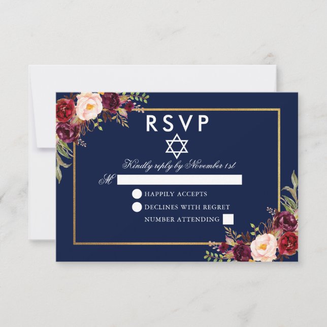 Bat mitzvah Blue Burgundy Blommigt Guld OSA Kort (Framsida)