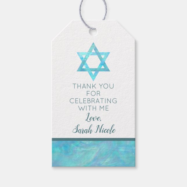 Bat mitzvah Blue Opal Magen David Tack Presentetikett (Framsidan)