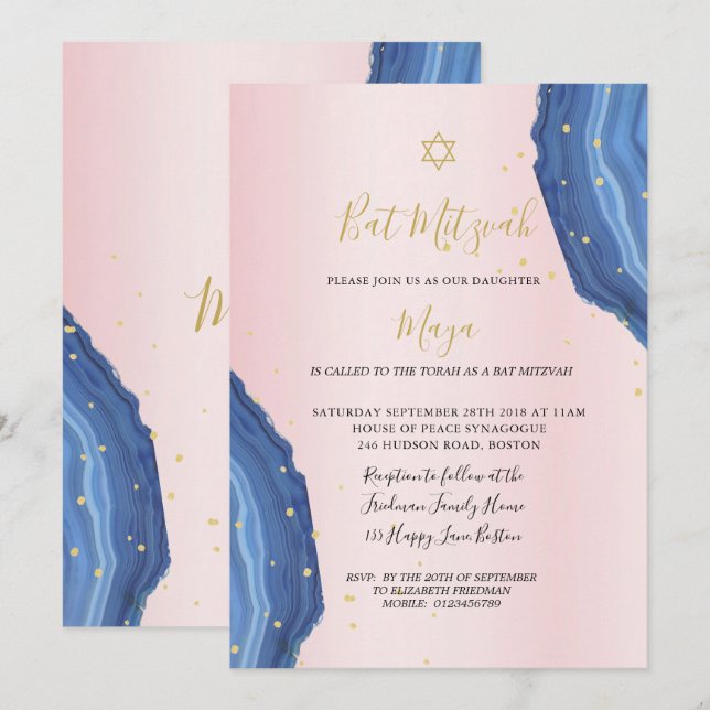 Bat mitzvah Blue Rosa Guld judisk Inbjudningar (Fram/baksida)