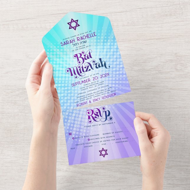 Bat Mitzvah Boho Retro Blå Lila Gradient Fetstil (Avrivbar del)