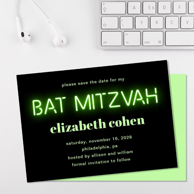 Bat mitzvah Bright Grönt Neon Ljus Spara datum Inbjudningar (Skapare uppladdad)