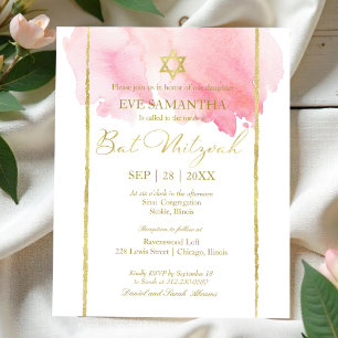 Bat mitzvah budgetinbjudan för rosa vattenfärgsfär