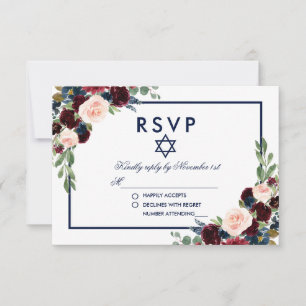 Bat Mitzvah Burgunder Blå Blommig RSVP OSA Kort