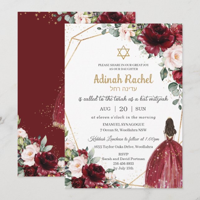 Bat mitzvah Burgundy  Blommigt Guld Princess Inbjudningar (Fram/baksida)