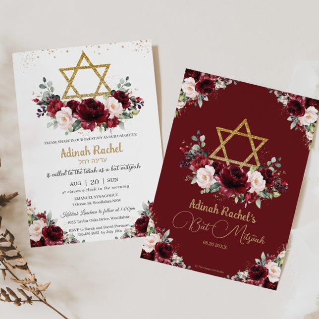 Bat mitzvah Burgundy  Blommigt Guld Star Inbjudningar (Skapare uppladdad)