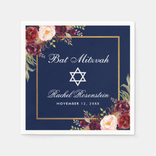 Bat mitzvah Burgundy-Blommigten Guld Pappersservett
