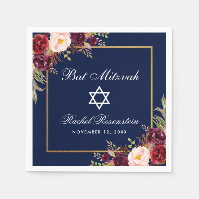 Bat mitzvah Burgundy-Blommigten Guld Pappersservett (Framsidan)