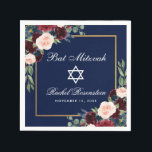 Bat mitzvah Burgundy Blue Blommigt Guld Pappersservett<br><div class="desc">Bat mitzvah vattenfärg Burgundy Marsala Blue Blommigt Guld Ram Pappersservett</div>